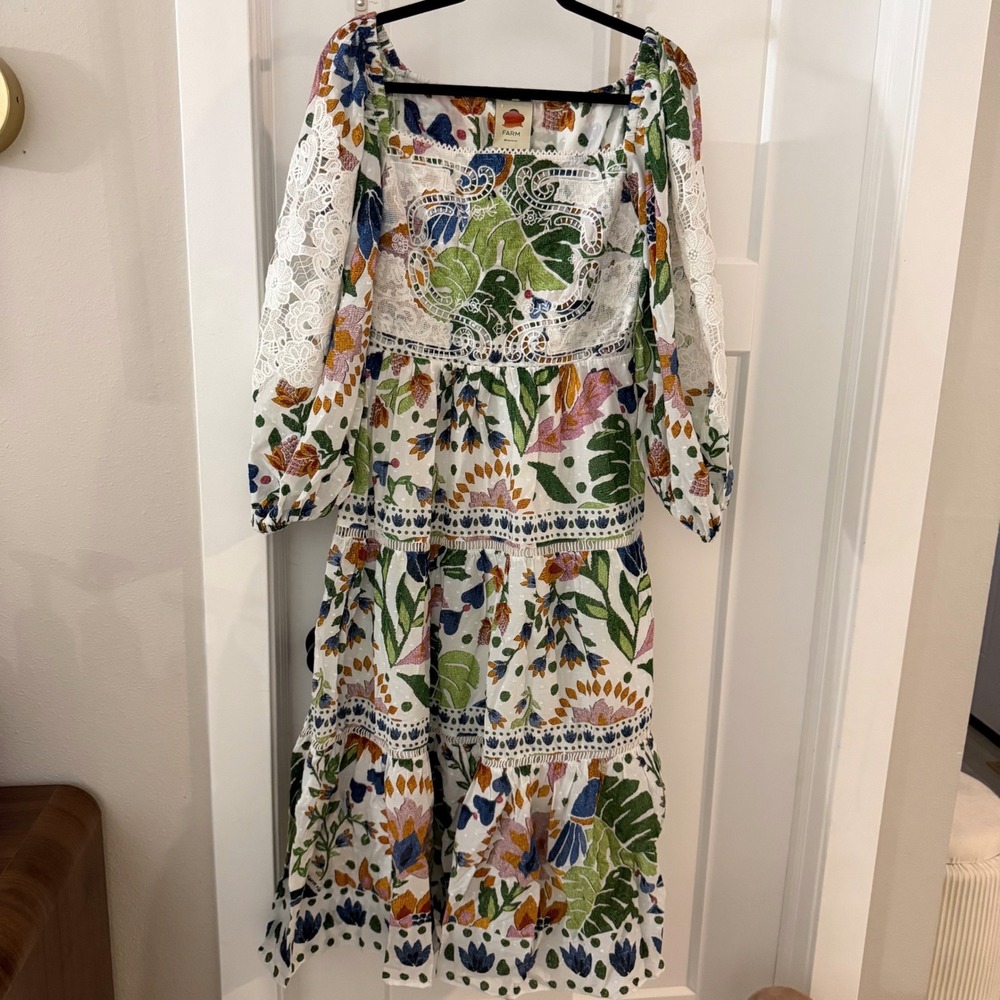 Farm Rio Summer Garden Embroidered Cotton Midi Dress Square Neck Lace Boho M NWT